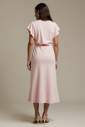 Pink Sheath Round Neck Midi Work Dress
